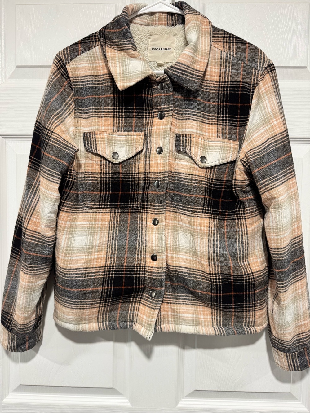Lucky Brand Peach, Black & Cream Plaid Sherpa-Lined Jean Jacket